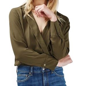 Topshop Olive Long Sleeve Faux Wrap Bodysuit